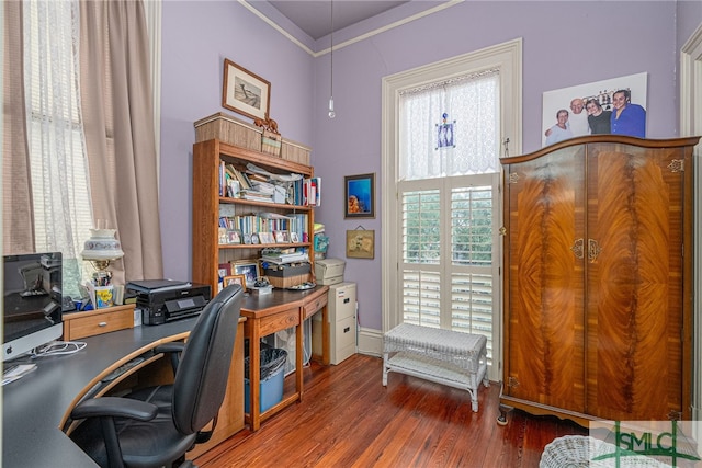 office area with crown molding and dark hardwood / wood-style flooring