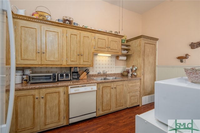 kitchen featuring decorative backsplash, sink, light brown cabinets, dishwasher, and dark hardwood / wood-style floors