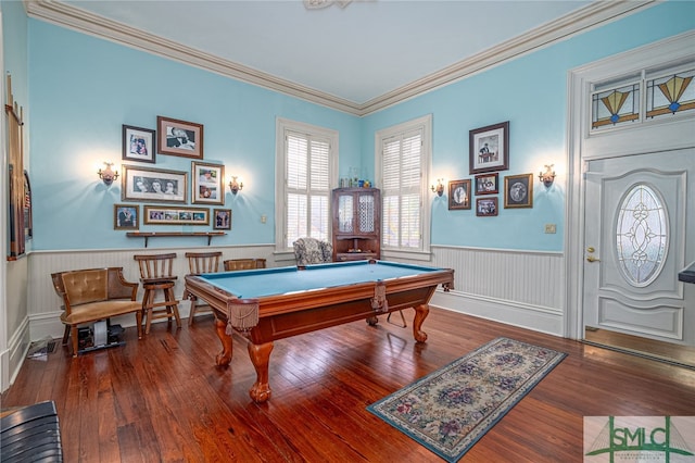 game room featuring hardwood / wood-style floors, ornamental molding, and billiards