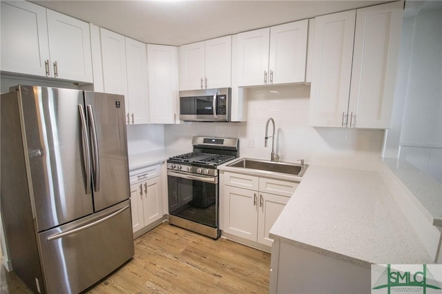 kitchen featuring sink, decorative backsplash, light hardwood / wood-style floors, white cabinetry, and stainless steel appliances