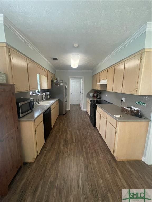 kitchen with black appliances, sink, light brown cabinetry, and dark wood-type flooring