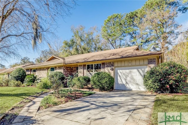 single story home featuring a garage, board and batten siding, a front yard, and concrete driveway