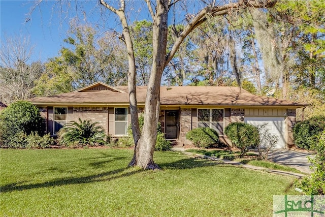 ranch-style house with a garage, driveway, and a front lawn