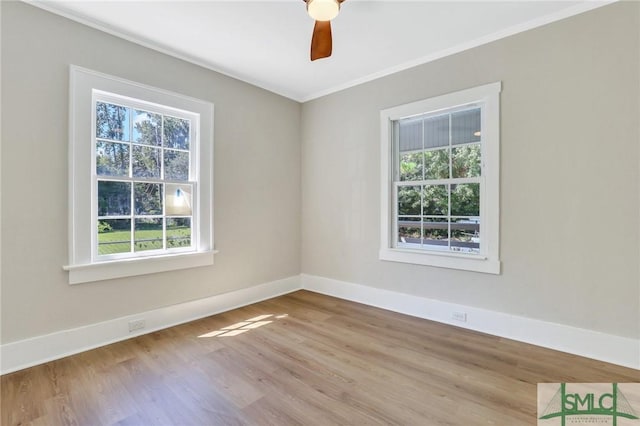 unfurnished room featuring light wood-type flooring, a wealth of natural light, and ceiling fan