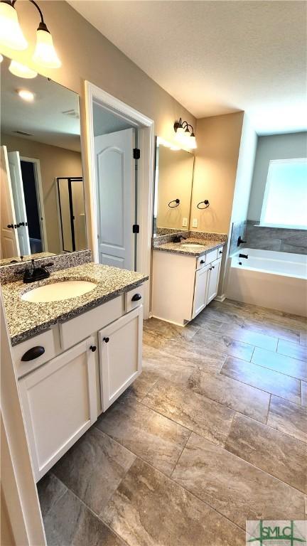 bathroom featuring vanity and shower with separate bathtub