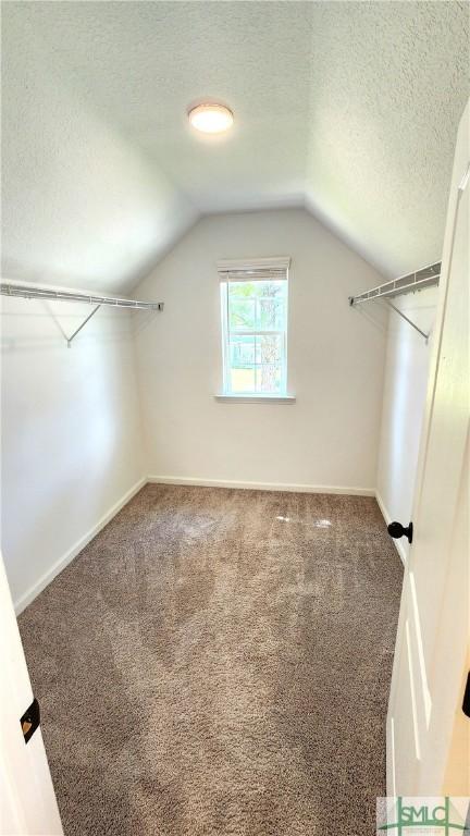 walk in closet with carpet flooring and lofted ceiling