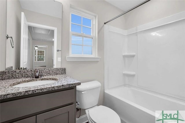 full bathroom with vanity, toilet, and bathing tub / shower combination