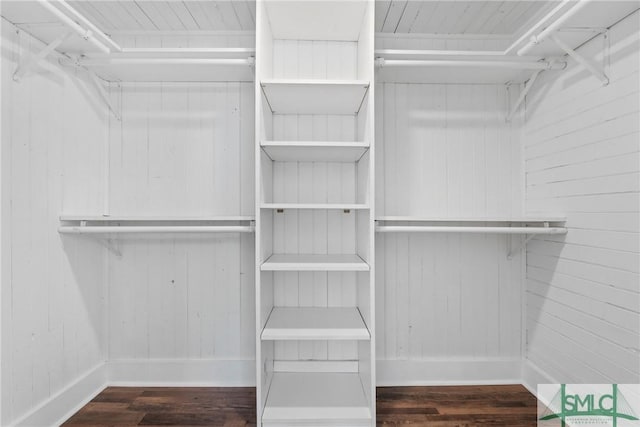 spacious closet featuring dark hardwood / wood-style floors