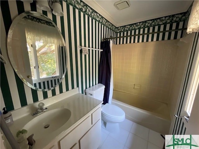 full bathroom with tile patterned floors, shower / bath combination with curtain, toilet, and vanity