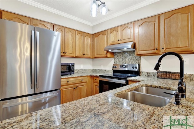 kitchen with light stone countertops, sink, stainless steel appliances, crown molding, and decorative backsplash