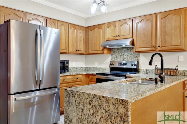 kitchen with sink, light stone counters, kitchen peninsula, appliances with stainless steel finishes, and ornamental molding