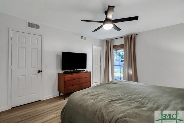 bedroom featuring ceiling fan and wood-type flooring