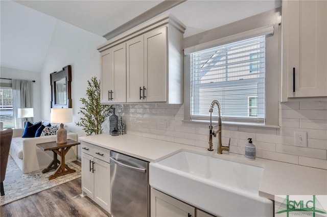 kitchen featuring dishwasher, light hardwood / wood-style flooring, a healthy amount of sunlight, and sink