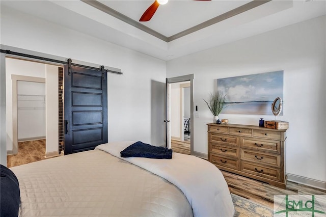 bedroom featuring ceiling fan, a barn door, a tray ceiling, a walk in closet, and a closet