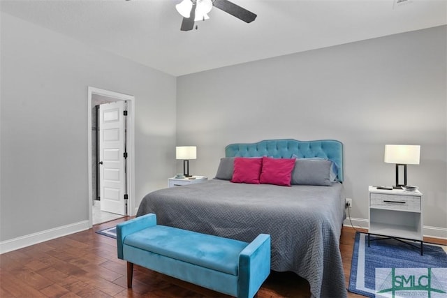 bedroom with ceiling fan and hardwood / wood-style flooring