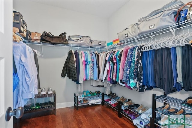 walk in closet with dark hardwood / wood-style floors