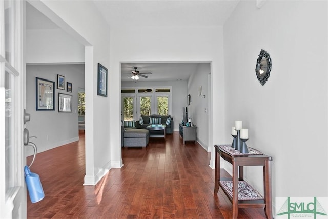 foyer entrance with ceiling fan and dark hardwood / wood-style flooring