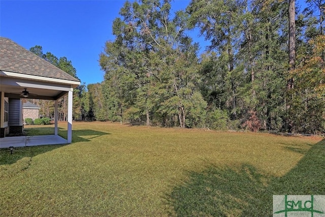 view of yard with a patio area and ceiling fan