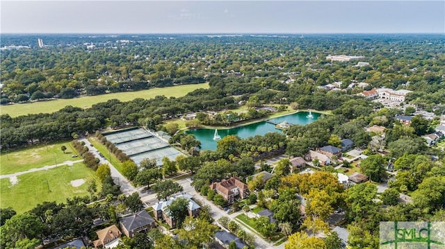 bird's eye view with a water view