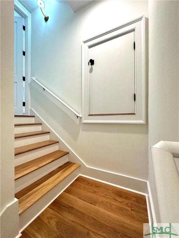 stairway with hardwood / wood-style flooring