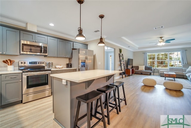 kitchen featuring pendant lighting, ceiling fan, a tray ceiling, a kitchen island, and stainless steel appliances