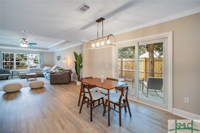 dining space featuring ceiling fan, a healthy amount of sunlight, a raised ceiling, and light hardwood / wood-style floors