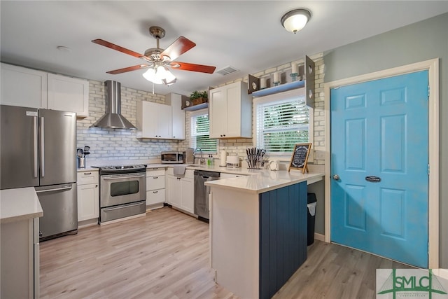 kitchen featuring white cabinets, wall chimney exhaust hood, appliances with stainless steel finishes, tasteful backsplash, and kitchen peninsula