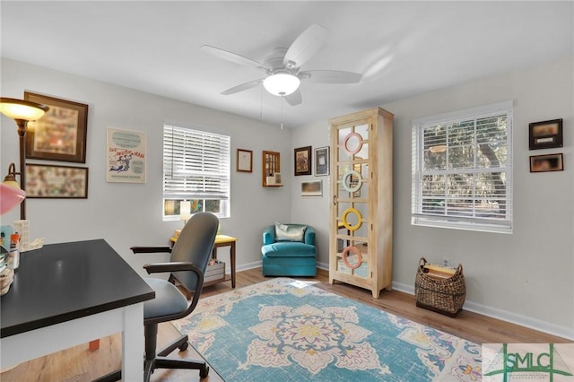 office featuring ceiling fan and light hardwood / wood-style floors