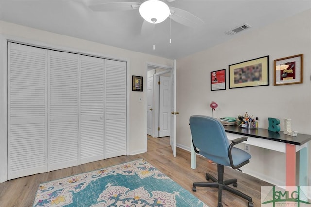 office space featuring ceiling fan and light wood-type flooring