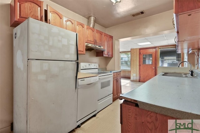 kitchen featuring white appliances, wooden walls, and sink