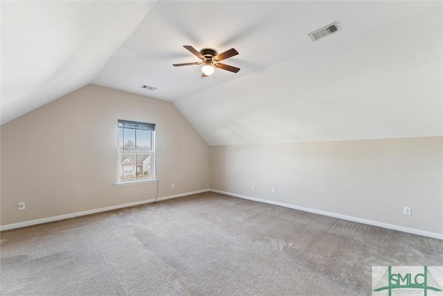 bonus room featuring carpet floors, ceiling fan, and lofted ceiling