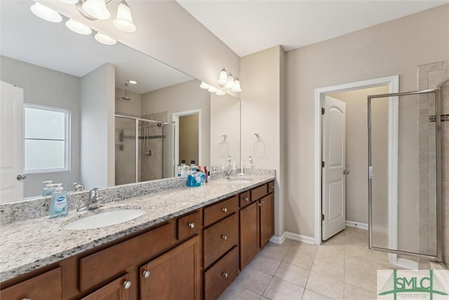 bathroom featuring tile patterned flooring, vanity, and walk in shower