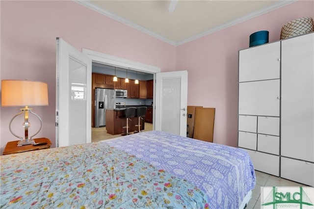 tiled bedroom with ceiling fan, stainless steel fridge, and ornamental molding