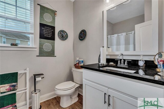 bathroom with vanity, hardwood / wood-style flooring, and toilet