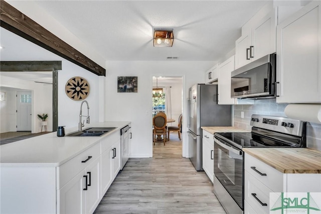 kitchen featuring tasteful backsplash, white cabinetry, sink, and stainless steel appliances