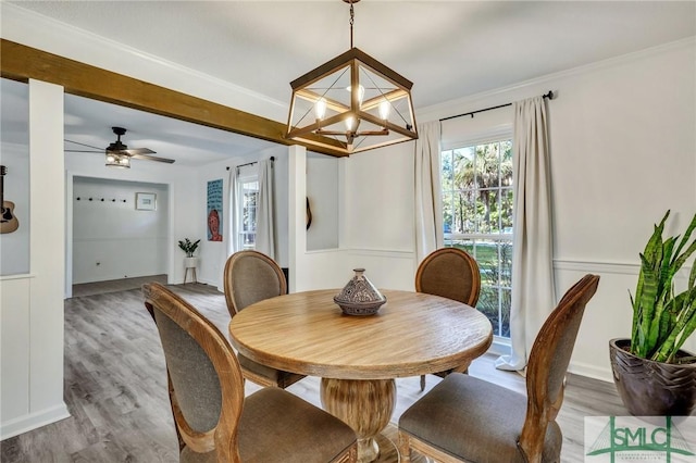 dining area with crown molding, light hardwood / wood-style floors, and ceiling fan with notable chandelier