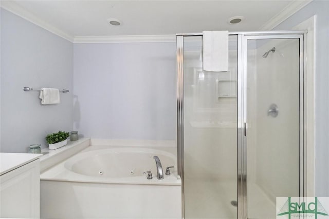 bathroom featuring vanity, ornamental molding, and plus walk in shower