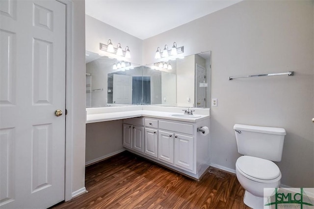 bathroom with vanity, wood-type flooring, and toilet