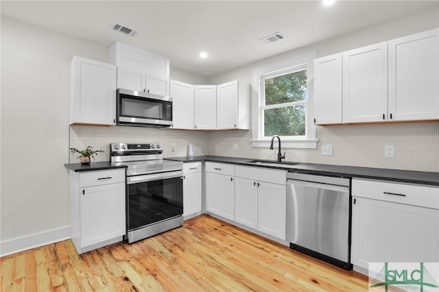 kitchen featuring white cabinets, appliances with stainless steel finishes, light hardwood / wood-style flooring, and sink