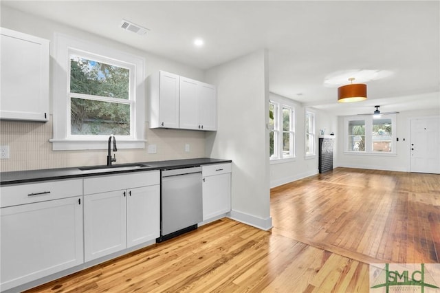 kitchen with backsplash, white cabinets, sink, stainless steel dishwasher, and ceiling fan