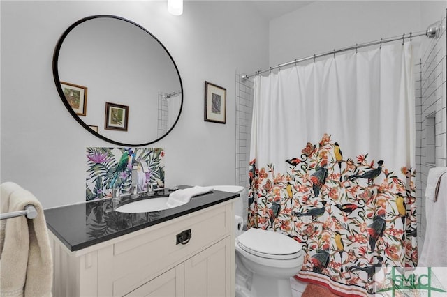 bathroom featuring vanity, a shower with curtain, and toilet