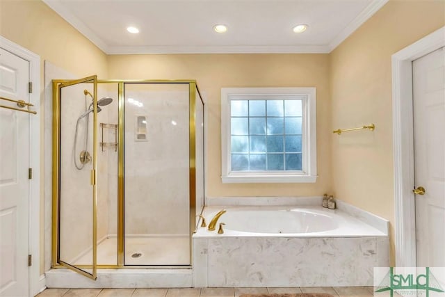 bathroom featuring tile patterned flooring, ornamental molding, and plus walk in shower