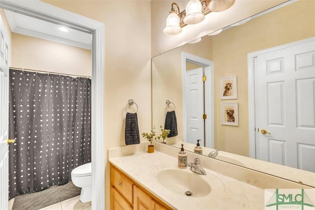 bathroom with walk in shower, tile patterned flooring, vanity, and toilet