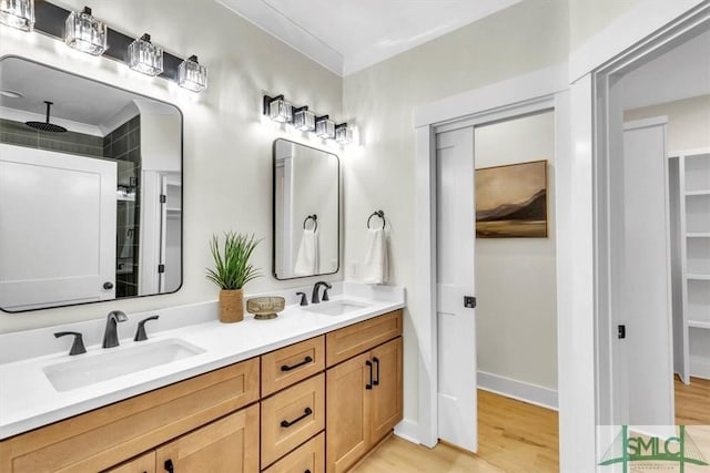 bathroom featuring walk in shower, vanity, and wood-type flooring