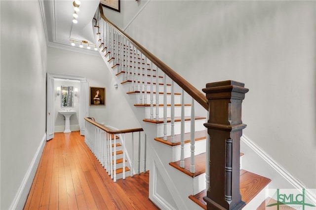 staircase featuring wood-type flooring and crown molding