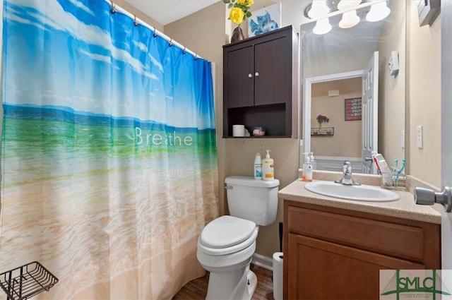 bathroom featuring vanity, curtained shower, and toilet