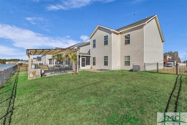 rear view of house featuring central AC unit, a patio, a pergola, and a lawn