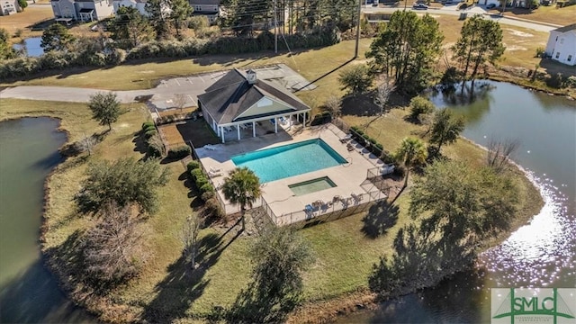 bird's eye view with a water view