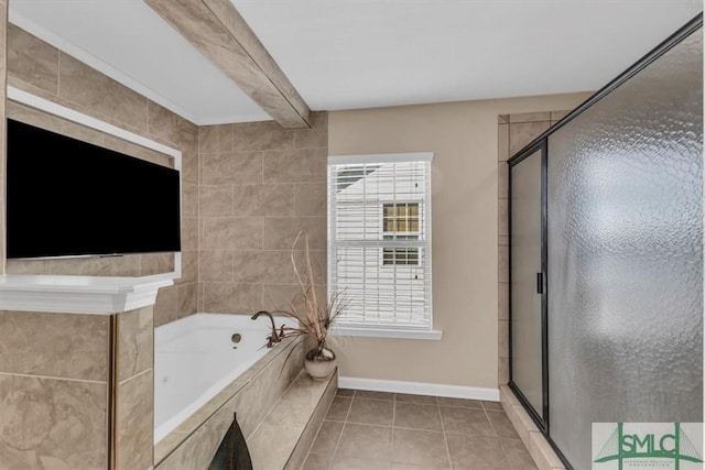 bathroom featuring tile patterned floors and separate shower and tub