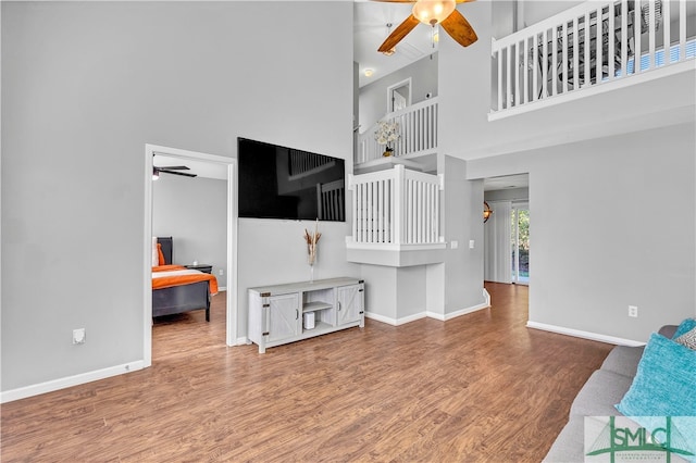 living room featuring a towering ceiling and hardwood / wood-style flooring